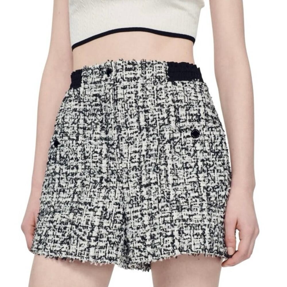 SANDRO size 10 Darren High Waist Boucle Tweed Designer Shorts Black and White